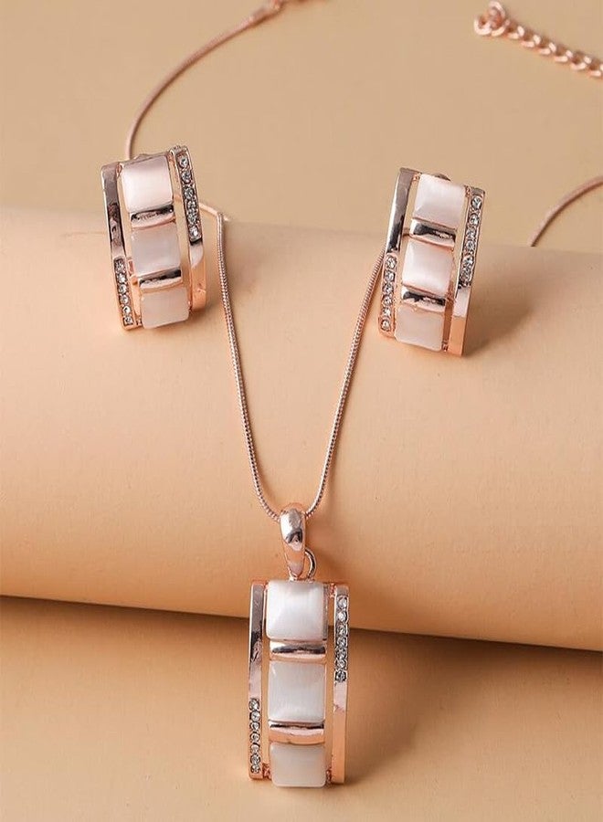 sunglnl Rose Gold Jewelry Set For Women, Cubic Zirconia Wide Rectangle Pendant Necklace And Earring Choker Elegant Minimalist Style Jewelry Gift (Rectangle) - Image 2